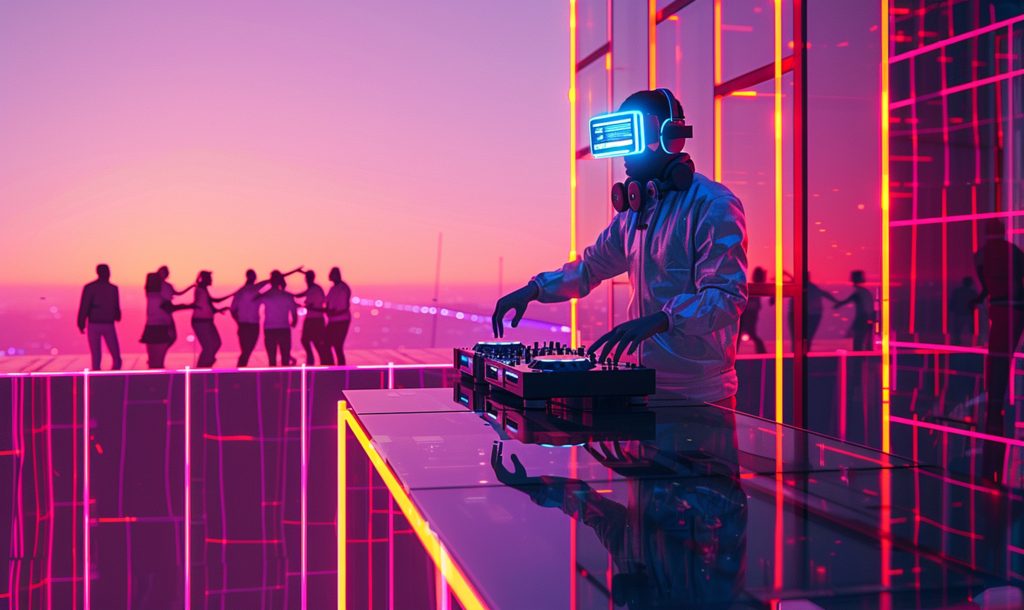 DJ con gafas de realidad virtual mezclando música en una cabina iluminada con luces de neón mientras un grupo de personas baila al fondo.